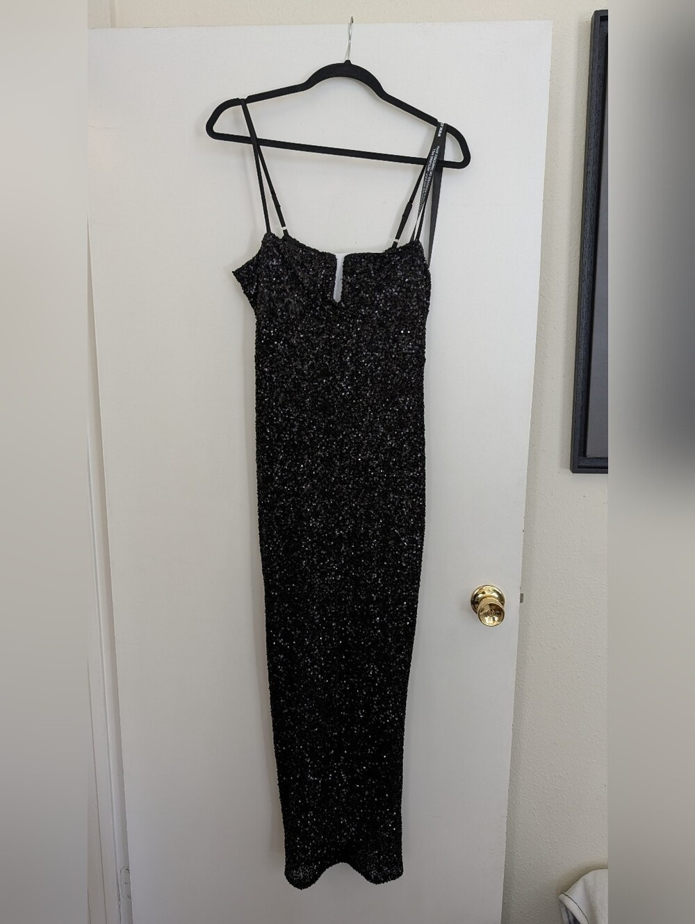 Black Sequin Spaghetti Strap Evening Dress